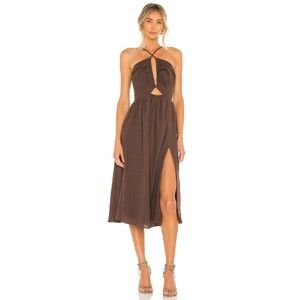 NWOT LPA Revolve Adalia Midi Dress Open Back Cutout High Slit Brown Size Small